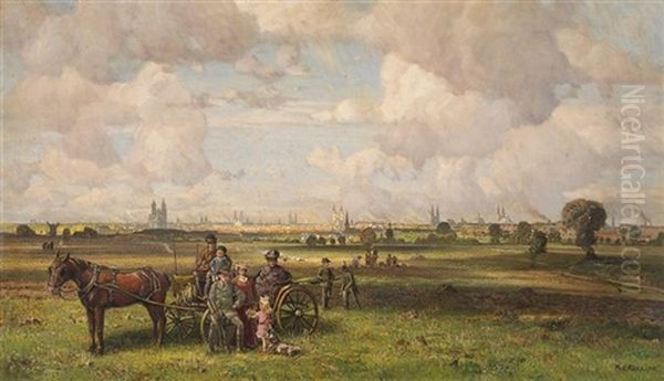 Blick Von Einer Anhohe Auf Weites Panorama Einer Hansestadt (?). Am Vorderen Bildrand Pferdegespann Mit Ausfluglern Oil Painting by Paul Riess