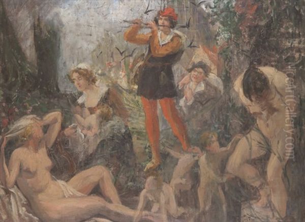 Troubadour Jouant De La Flute Devant Une Mere A L'enfant Et Des Nus Oil Painting by Willy Van Riet