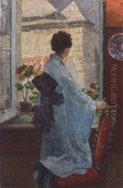 Girl In A Blue Kimono By A Window Oil Painting by Willy Van Riet