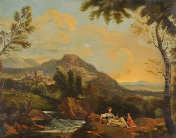 Idealisierte, Italienische Landschaften Mit Personen  (+ Tierstaffagen; Pair) Oil Painting by Heinrich Rieter