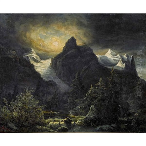 Well- Und Wetterhorn Im Mondlicht Oil Painting by Julius Rieter