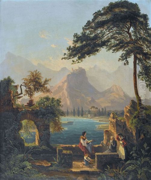 Felsige Flusslandschaft Mit Ruinen Und Staffage Oil Painting by Julius Rieter