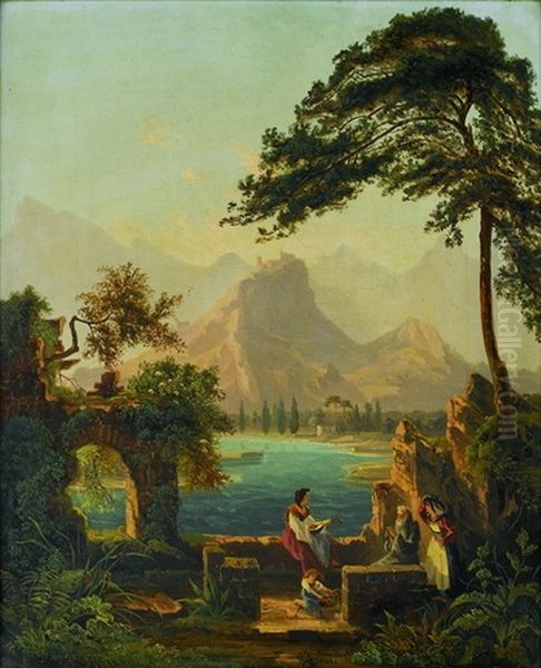 Personen Am Fluss Mit Schloss Und Bergen Oil Painting by Julius Rieter