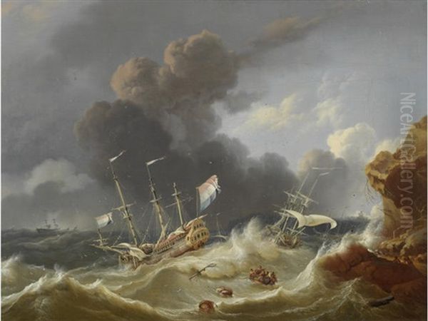 A Dutch Man O'war Foundering In Stormy Seas Oil Painting by Hendrik Rietschoof