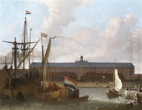 Dutch Ships At Anchor, Before The Dock Of The Dutch East India Company In Amsterdam by Hendrik Rietschoof