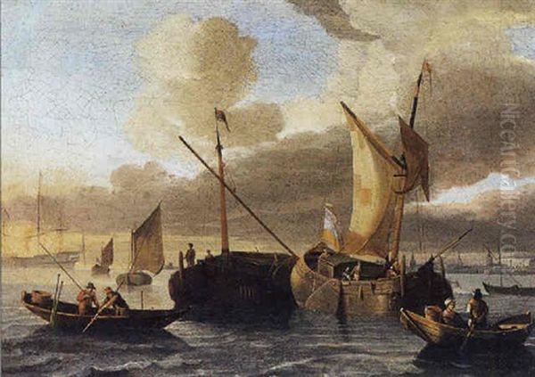 Schepen Op Rustige Zee Nabij De Kust Oil Painting by Hendrik Rietschoof