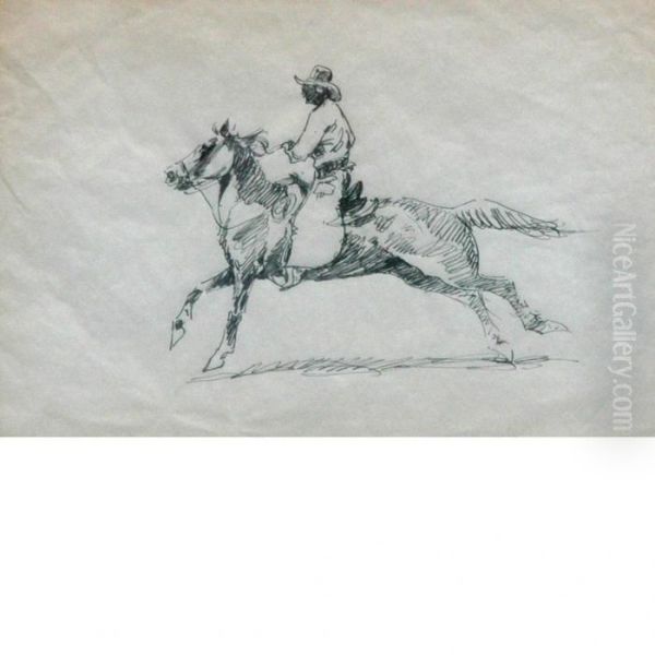 Cowboy On Horseback Oil Painting by John Edward Borein