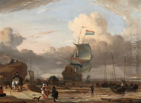 A Three-master And Fishing Boats Off The Coast Oil Painting by Jan Claesz Rietschoof