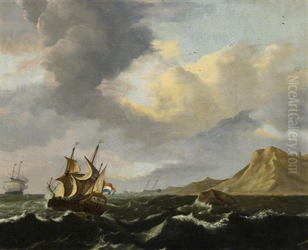 Hollandische Segler In Sturmischer See Vor Der Kuste Oil Painting by Jan Claesz Rietschoof