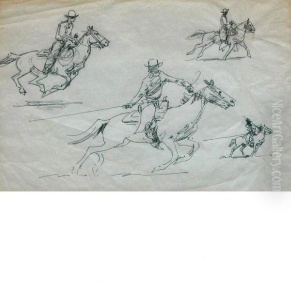 Studies Of Cowboys Riding And Roping Oil Painting by John Edward Borein