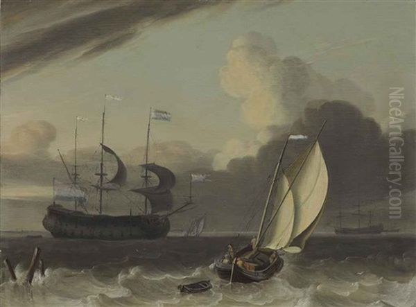 A Dutch Merchantman And A Sprit Sail Barge In A Breeze Oil Painting by Jan Claesz Rietschoof