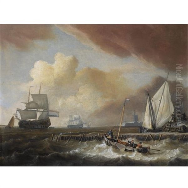 A Smalship With Fishermen In A Choppy Sea, Shipping At Anchor Along A Quayside And Other Ships In The Distance, A Town With A Windmill In The Distance Oil Painting by Jan Claesz Rietschoof