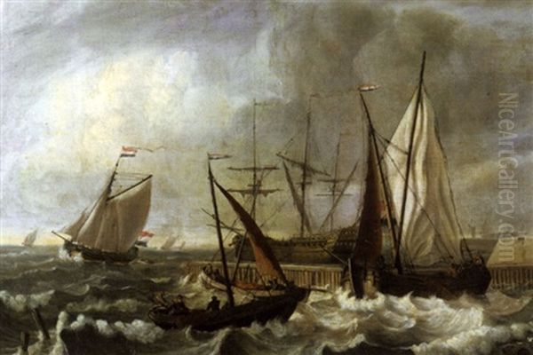 A Wijdschip, A Yacht, And A Man Of War Off A Jetty Oil Painting by Jan Claesz Rietschoof