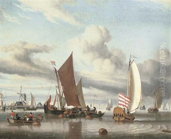 Shipping In A Calm Sea Off A Jetty Oil Painting by Jan Claesz Rietschoof