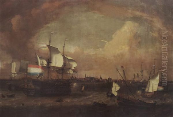 The Dutch Ship Of The Line 'westvriesland' And Other Shipping In The Roads Of Hoorn Oil Painting by Jan Claesz Rietschoof