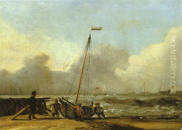 A Beach Scene With Sailors Bringing In Their Boat, Larger Ships In Choppy Water Beyond Oil Painting by Jan Claesz Rietschoof