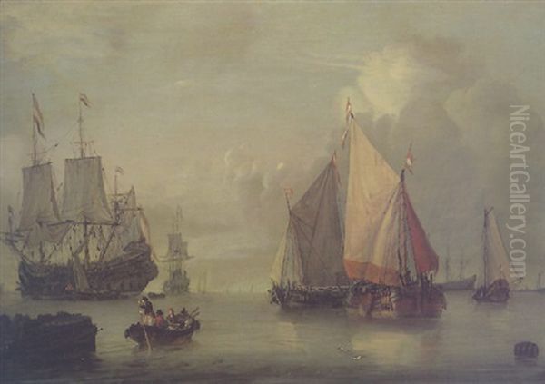 Dutch Men-o-war In An Estuary In A Calm, With A Smalschip And Figures In A Fishing Boat Oil Painting by Jan Claesz Rietschoof