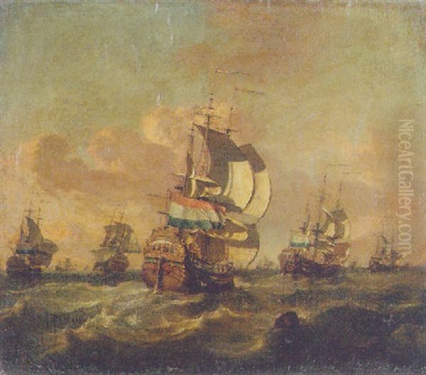 Dutch Men-of War In Choppy Seas Oil Painting by Jan Claesz Rietschoof