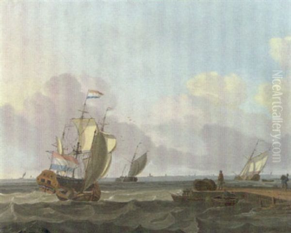 Dutch Shipping In A Choppy Sea Off A Jetty Oil Painting by Jan Claesz Rietschoof