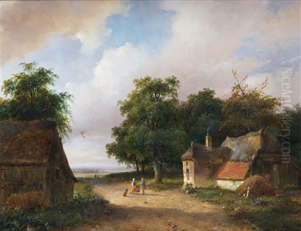 A Farm Alongside A Country Lane Oil Painting by Antonius Renardus Rietstap