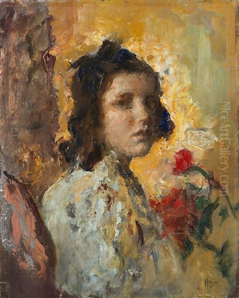 Ritratto Di Ragazza Con Fiori Oil Painting by Arturo Rietti