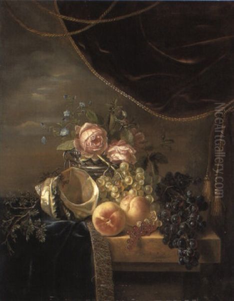 Still Life Of Flowers, Fruit, Conch Shell On Ledge Oil Painting by Antonie Rietveld