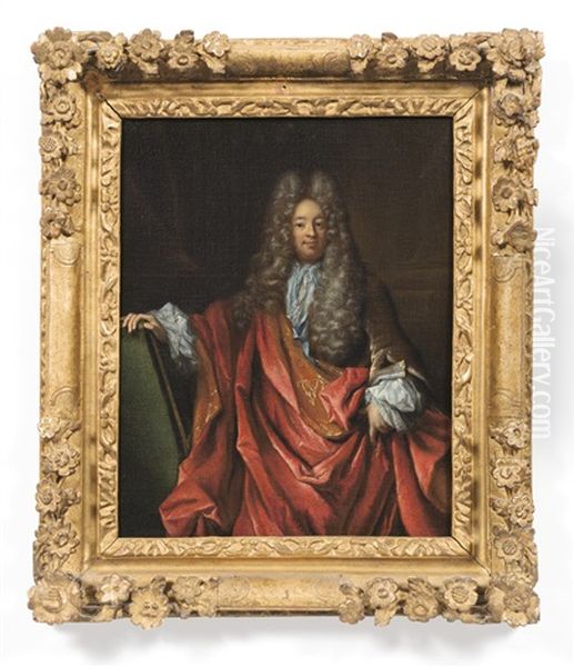 Portrait Of A Man With Red Drapery Oil Painting by Hyacinthe Rigaud