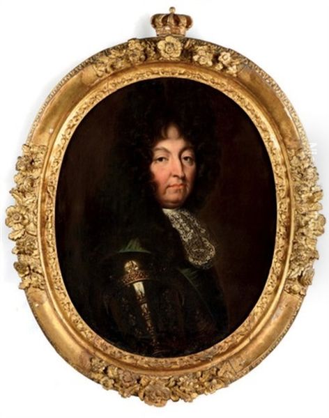 Portrait En Buste Du Roi De France Louis Xiv (1638 - 1715) Coiffe D'une Longue Perruque Dans Une Armure A Fleur De Lys Barree Par Le Grand Cordon Bleu De L'ordre Du Saint Esprit by Hyacinthe Rigaud