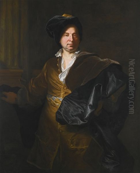 Portrait Of A Gentleman, Three Quarter Length, In A Gold Silk Frock Coat And Blue Cloak, Possibly Paolo Gerolamo Ii Pallavicini Oil Painting by Hyacinthe Rigaud