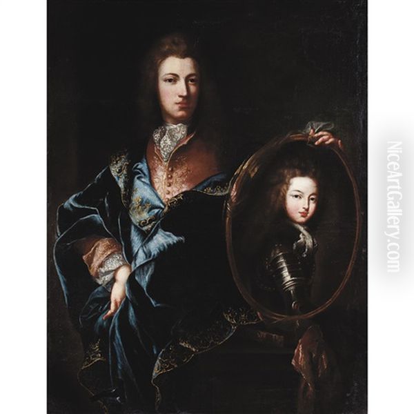 Portrait Of A Member Of The French Court Holding A Portrait Of Louis Xv by Hyacinthe Rigaud