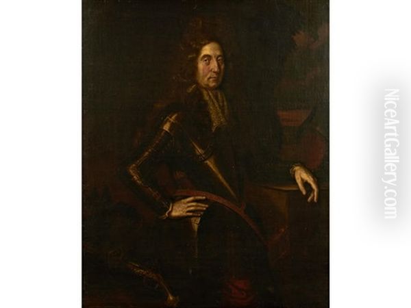 Portrait Of A Gentleman, Three-quarter Length, Wearing Armour, His Left Arm Resting On A Plinth Oil Painting by Hyacinthe Rigaud