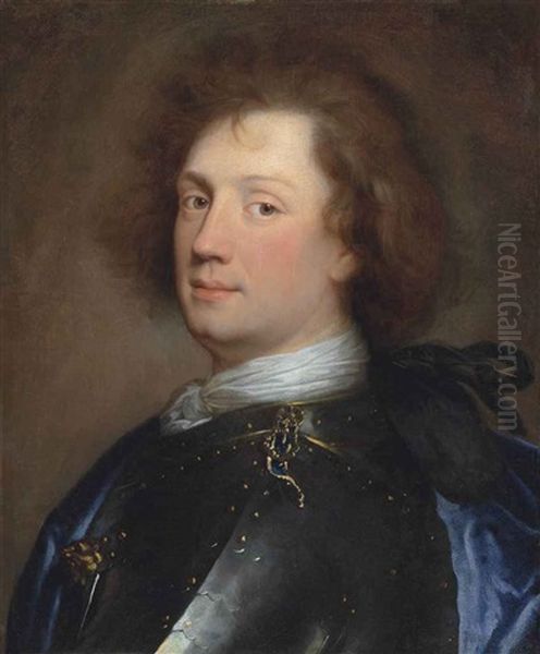 Portrait Of A Gentleman, Bust-length, In A White Cravat And Blued Steel Armour With A Gilt Lion-mask And Gilt Rivets, Borders And Buckles... Oil Painting by Hyacinthe Rigaud