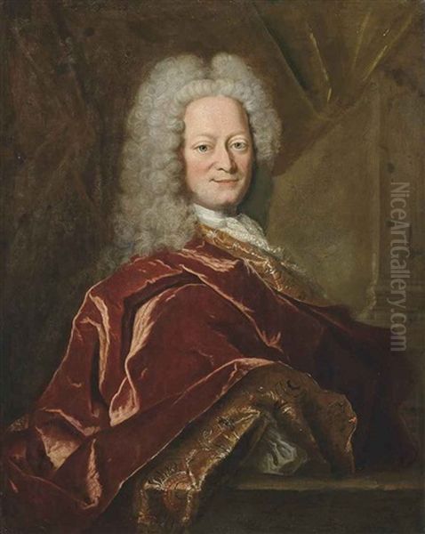 Portrait Of A Gentleman, Half-length, In Rust Robes With Emboidered Decoration, A Curtain And Pillar Behind Oil Painting by Hyacinthe Rigaud