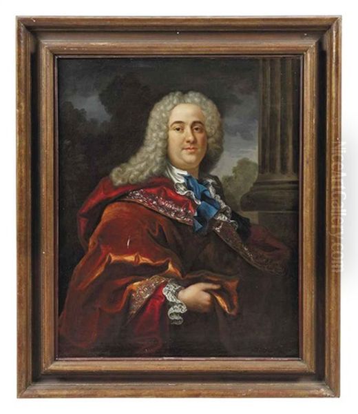 Portrait Of A Gentleman In A Richly Embroidered Maroon And Russet Cloak, A Landscape Beyond Oil Painting by Hyacinthe Rigaud