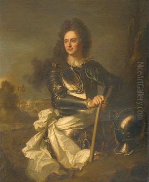 Portrait Du Marechal D'albret D'ailly, Duc De Chaulnes En Armure, Echarpe Blanche Appuye Sur Son Baton De Commandement Oil Painting by Hyacinthe Rigaud