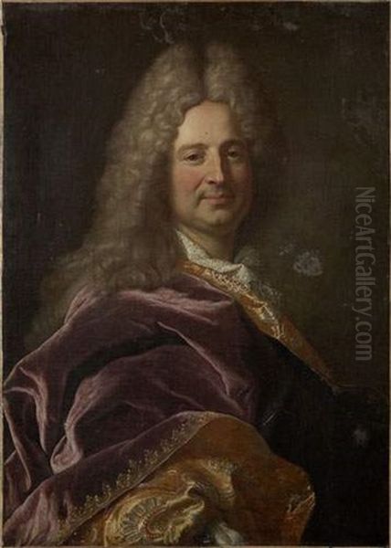 Portrait En Buste Du Marquis De La Martiniere Portant Une Cape De Velours Aubergine Doublee De Brocard A Fond D'or Oil Painting by Hyacinthe Rigaud