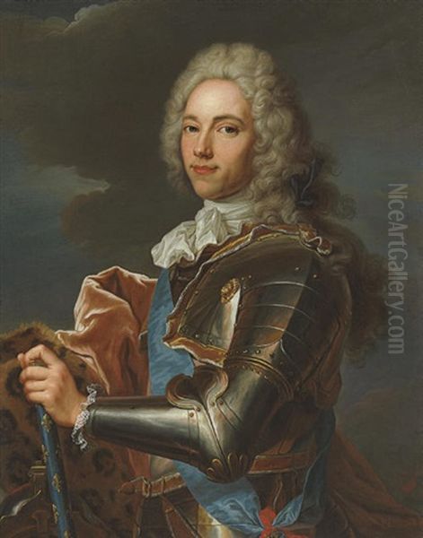 Portrait Of The Duc De Broglie In Armor With A Leopard Skin Mantle And The Sash Of The Order Of Saint Esprit Oil Painting by Hyacinthe Rigaud