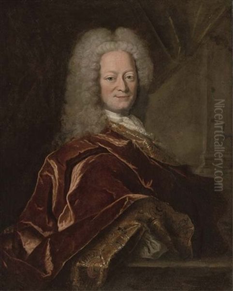 Portrait Of A Gentleman Standing By A Ledge Oil Painting by Hyacinthe Rigaud