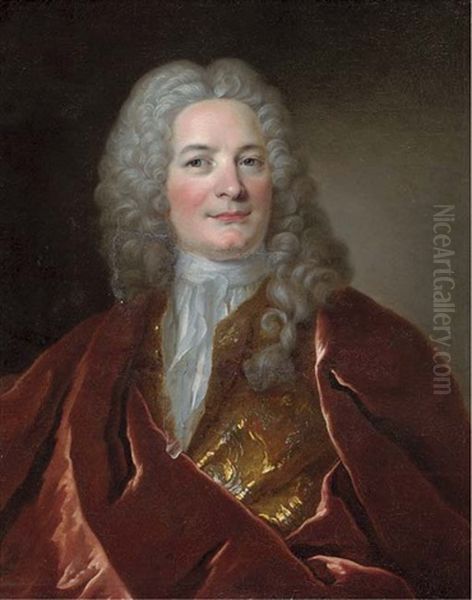 Portrait Of A Gentleman, Half-length, In A Gold Embroidered Coat And A Burgundy Mantle Oil Painting by Hyacinthe Rigaud