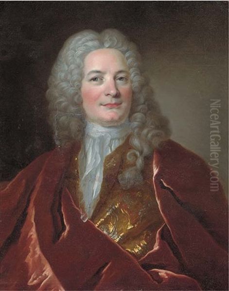 Portrait Of A Gentleman, Half-length, In A Gold Embroidered Coat And A Burgundy Mantle Oil Painting by Hyacinthe Rigaud