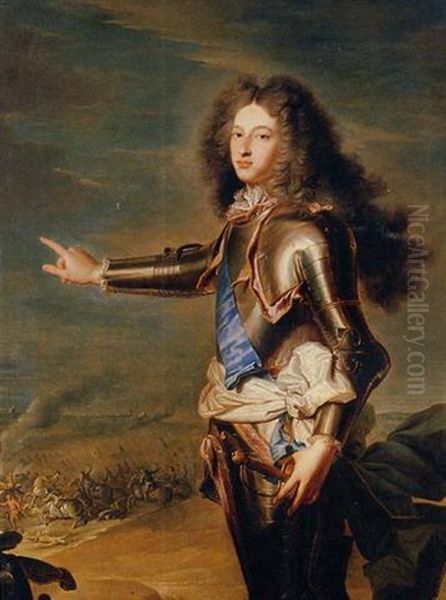 Portrait Of Louis De France, Duc De Bourgogne, In Armour, A Battlefield Beyond Oil Painting by Hyacinthe Rigaud