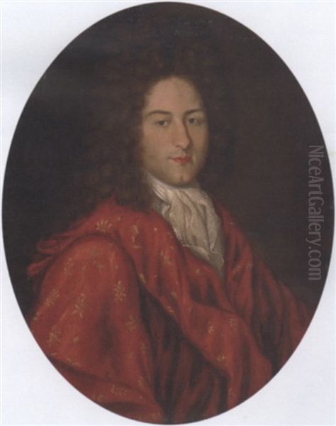 Portrait Of A Gentleman In An Embroidered Red Gown Oil Painting by Hyacinthe Rigaud