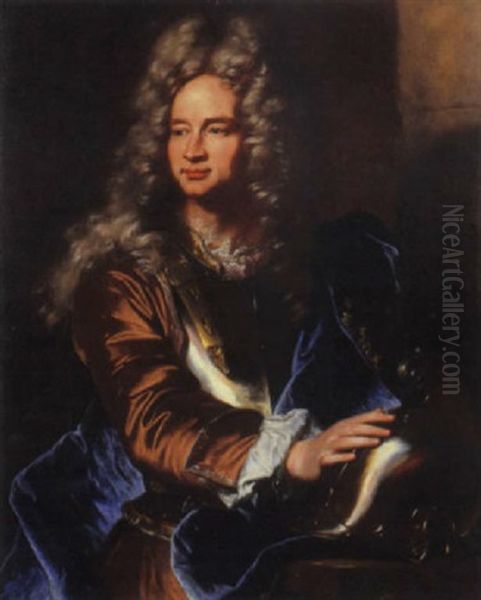 Ritratto Di Condottiero In Abito Marrone, Mantello Blu Ed Armatura Oil Painting by Hyacinthe Rigaud