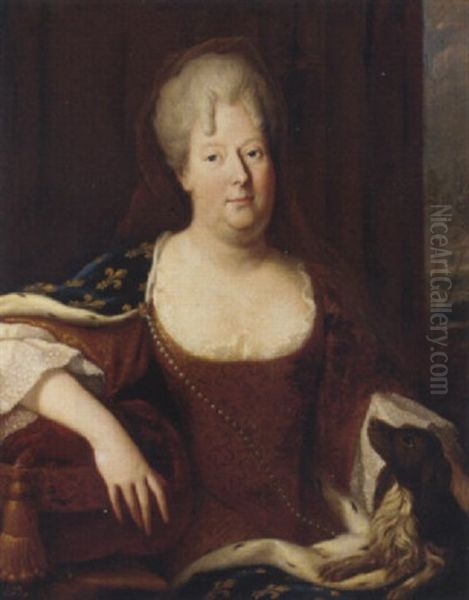 Portrait Of Elizabeth-charlotte, Duchesse D'orleans In A Fleurs-de-lys-embroidered Robe Oil Painting by Hyacinthe Rigaud