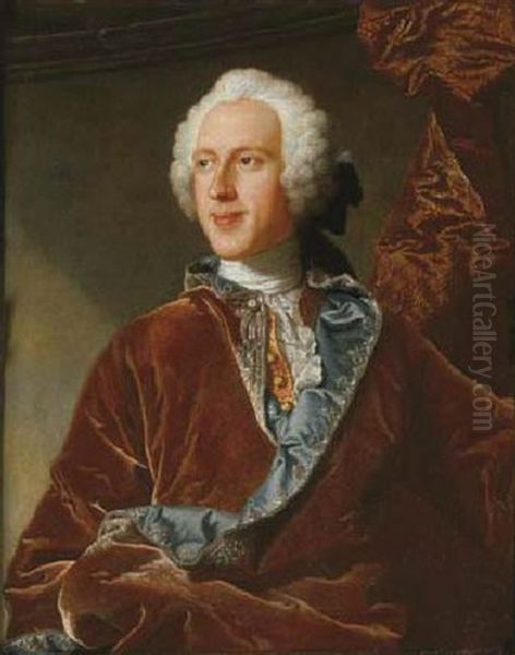 Portrait Of Sir Bourchier Wrey, 6th Bt., In A Brown Coat Lined With Turquoise Silk And Embroidered With Silver And A Red And Gold Waistcoat Oil Painting by Hyacinthe Rigaud