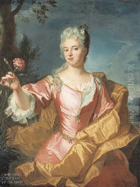 Portrait Of Madame Lavieuville, Comtesse De Parabere, In A Pink Silk Dress With A Gold Wrap Holding A Pink Oil Painting by Hyacinthe Rigaud