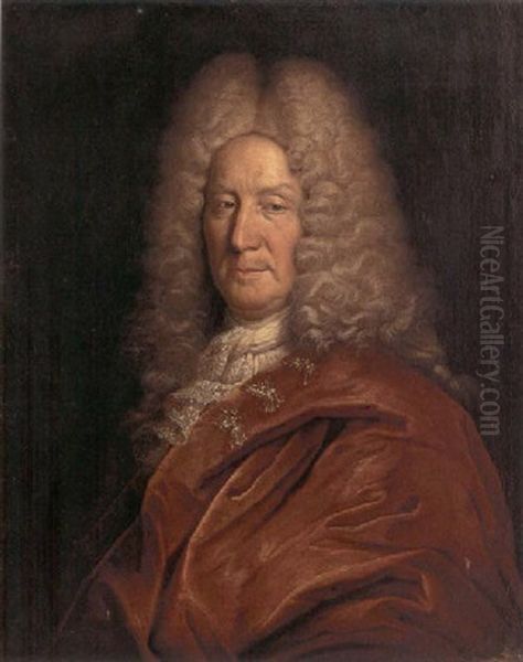 Portrait Of Jean Francois Whoppe (?) In A Red Robe And A White Lace Jabot Oil Painting by Hyacinthe Rigaud