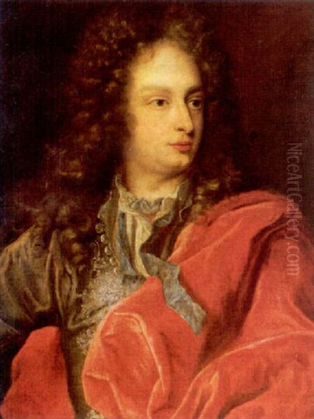 Portrait Of A Gentleman, Wearing A Red Mantle Oil Painting by Hyacinthe Rigaud