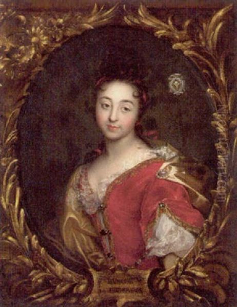 Portrait Of A Lady (marquisse De Rochebaron?) In A Red Dress And A Yellow Cape, With A Red Ribbon In Her Hair Oil Painting by Hyacinthe Rigaud