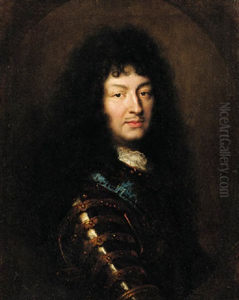 Portrait Of King Louis Xiv In Armour With The Sash Of The Order Of The Saint-esprit Oil Painting by Hyacinthe Rigaud